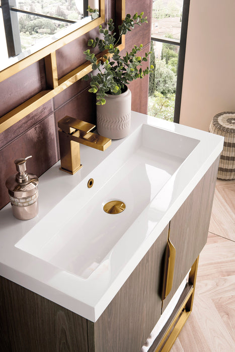 Columbia 31.5" Single Vanity, Ash Gray, Radiant Gold, w/ White Glossy Composite Stone Top - Luxe Vanity & Tub