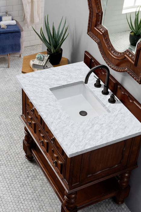 Castilian 36" Single Vanity, Aged Cognac w/ 3 CM Carrara Marble Top - Luxe Vanity & Tub