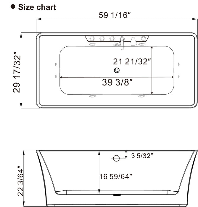 59" Freestanding Whirlpool Rectangle Tub with Center Drain