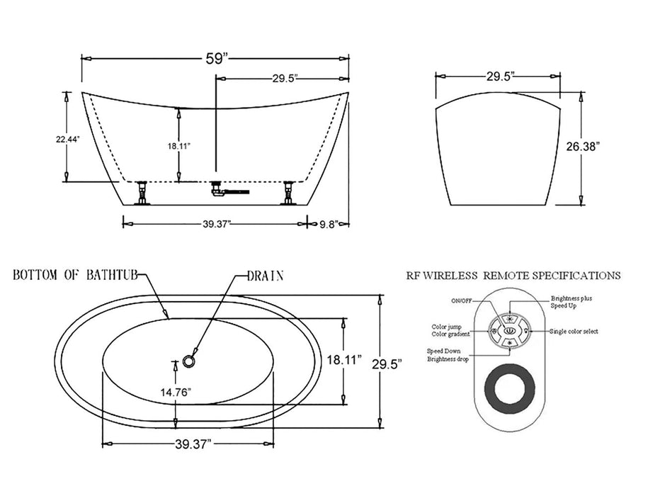 59" Freestanding Soaking LED Tub with Center Drain