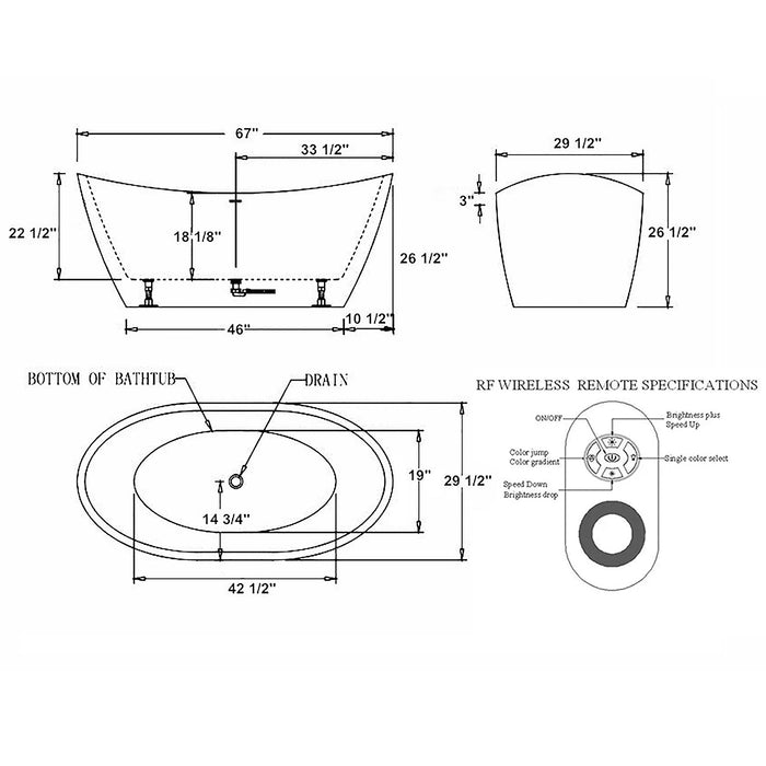 67" Freestanding Soaking LED Tub with Center Drain