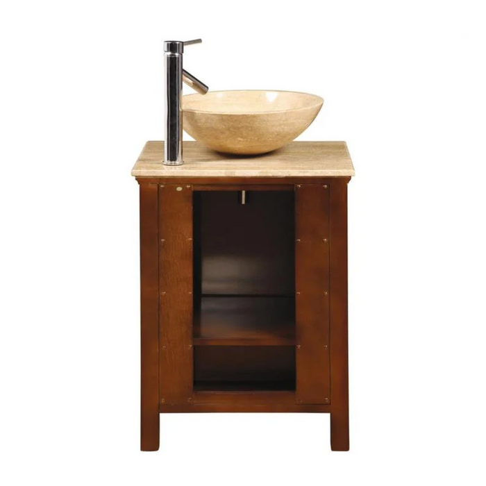 Silkroad Exclusive 22" Single Sink American Chestnut Bathroom Vanity With Travertine Bevel Edge Countertop
