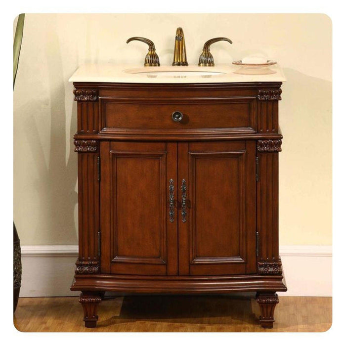 Silkroad Exclusive 31" Single Sink Cherry Bathroom Vanity With Crema Marfil Marble Countertop and Ivory Ceramic Undermount Sink
