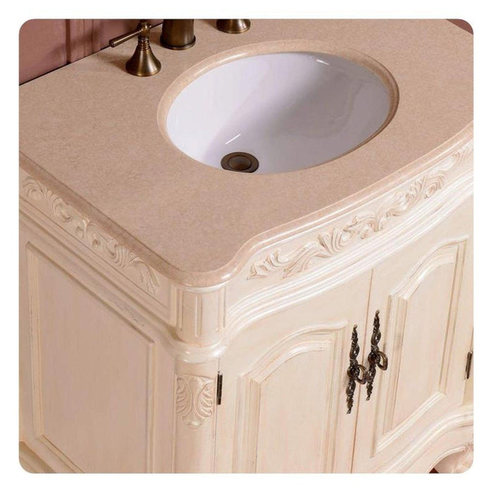Silkroad Exclusive 32" Single Sink Antique White Bathroom Vanity With Crema Marfil Marble Countertop and White Ceramic Undermount Sink