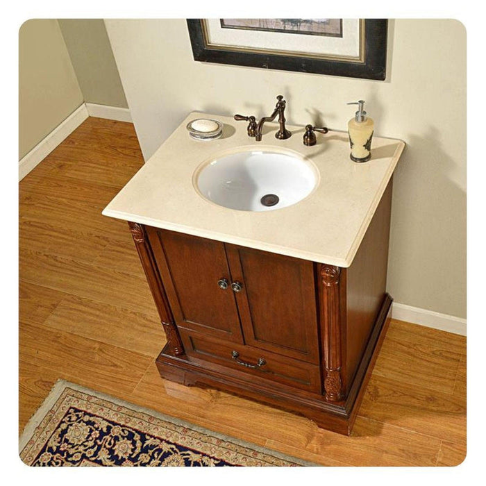Silkroad Exclusive 32" Single Sink Walnut Bathroom Vanity With Crema Marfil Marble Countertop and White Ceramic Undermount Sink