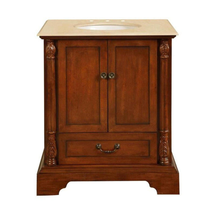Silkroad Exclusive 32" Single Sink Walnut Bathroom Vanity With Crema Marfil Marble Countertop and White Ceramic Undermount Sink
