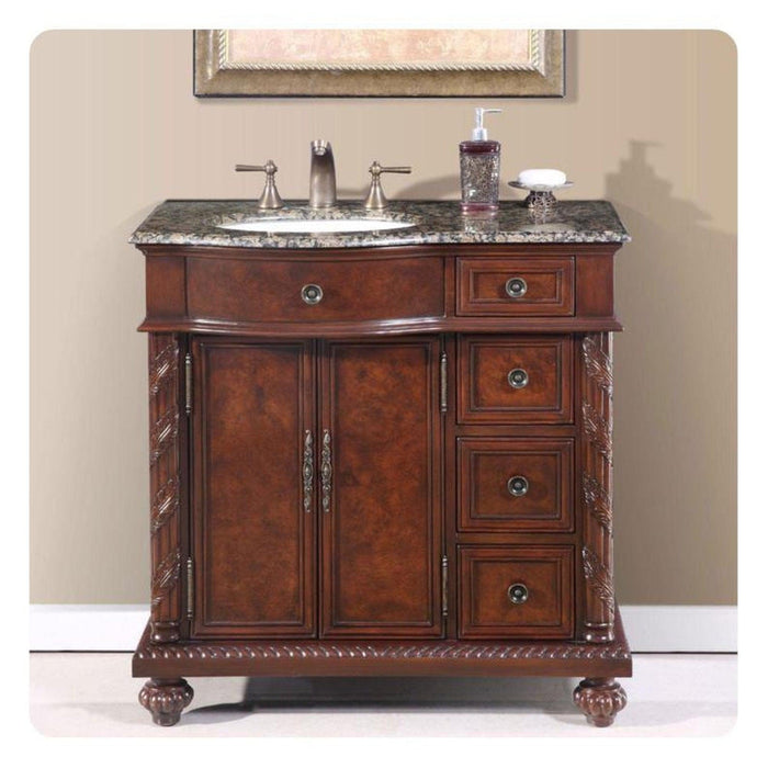Silkroad Exclusive 36" Left Side Single Sink English Chestnut Bathroom Vanity With Baltic Brown Granite Countertop and White Ceramic Undermount Sink