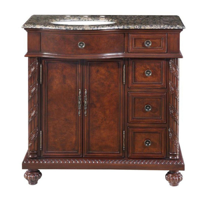 Silkroad Exclusive 36" Left Side Single Sink English Chestnut Bathroom Vanity With Baltic Brown Granite Countertop and White Ceramic Undermount Sink