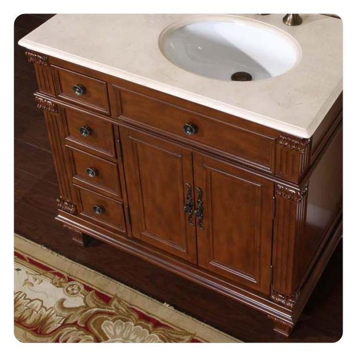 Silkroad Exclusive 36" Left Side Single Sink Vermont Maple Bathroom Vanity With Crema Marfil Marble Countertop and White Ceramic Undermount Sink