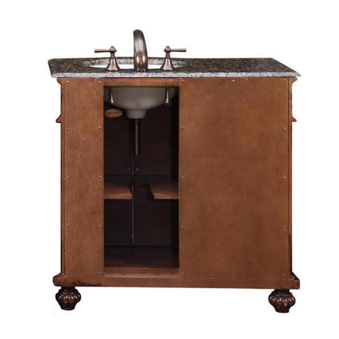 Silkroad Exclusive 36" Right Side Single Sink English Chestnut Bathroom Vanity With Baltic Brown Granite Countertop and White Ceramic Undermount Sink