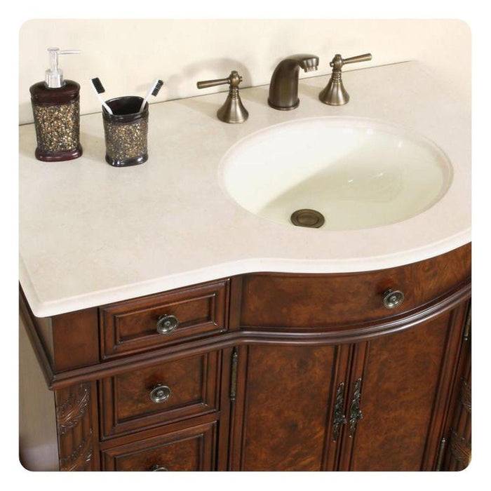 Silkroad Exclusive 36" Right Side Single Sink English Chestnut Bathroom Vanity With Crema Marfil Marble Countertop and Ivory Ceramic Undermount Sink