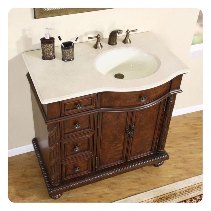 Silkroad Exclusive 36" Right Side Single Sink English Chestnut Bathroom Vanity With Crema Marfil Marble Countertop and Ivory Ceramic Undermount Sink