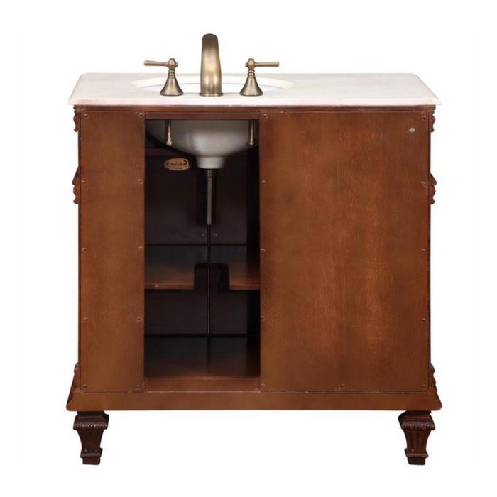 Silkroad Exclusive 36" Right Side Single Sink Vermont Maple Bathroom Vanity With Crema Marfil Marble Countertop and White Ceramic Undermount Sink