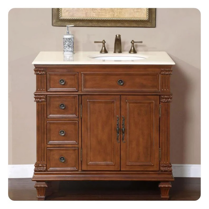 Silkroad Exclusive 36" Right Side Single Sink Vermont Maple Bathroom Vanity With Crema Marfil Marble Countertop and White Ceramic Undermount Sink
