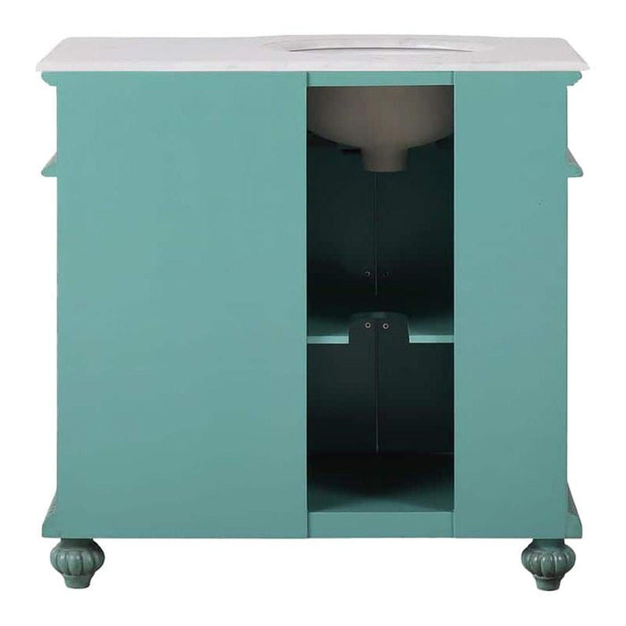 Silkroad Exclusive 36" Single Left Sink Vintage Green Bathroom Vanity With Carrara White Marble Countertop and White Ceramic Undermount Sink