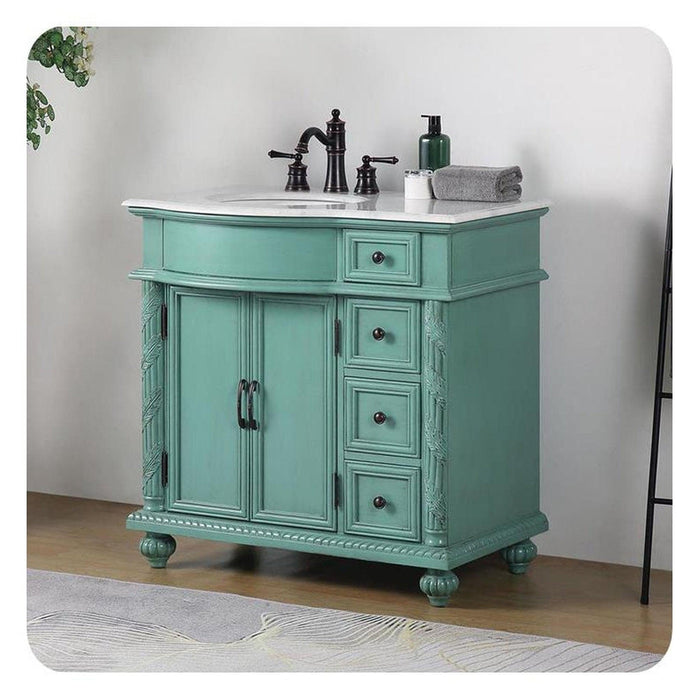 Silkroad Exclusive 36" Single Left Sink Vintage Green Bathroom Vanity With Carrara White Marble Countertop and White Ceramic Undermount Sink