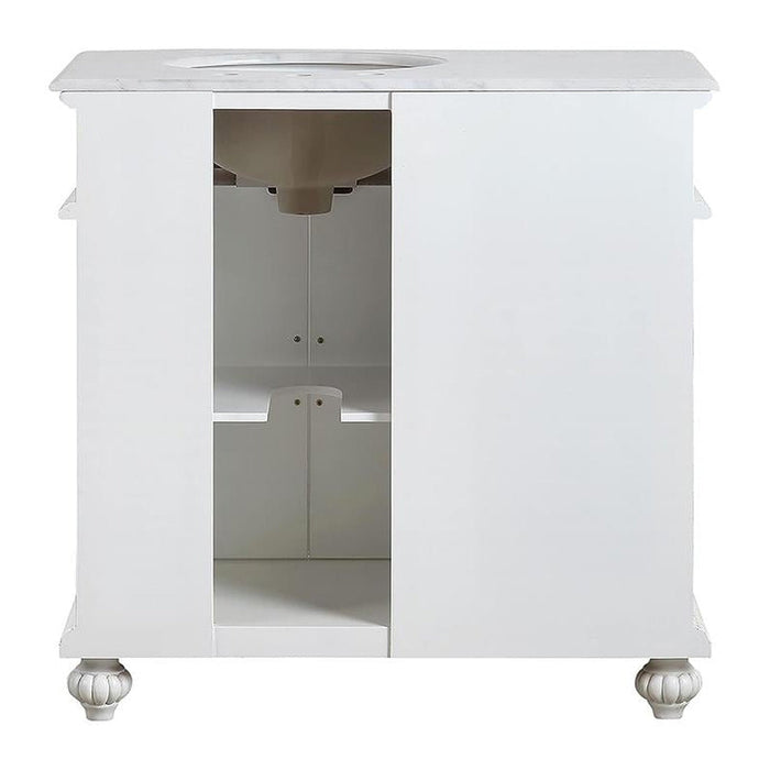 Silkroad Exclusive 36" Single Right Sink Antique White Bathroom Vanity With Carrara White Marble Countertop and White Ceramic Undermount Sink
