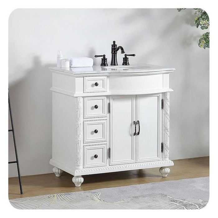 Silkroad Exclusive 36" Single Right Sink Antique White Bathroom Vanity With Carrara White Marble Countertop and White Ceramic Undermount Sink