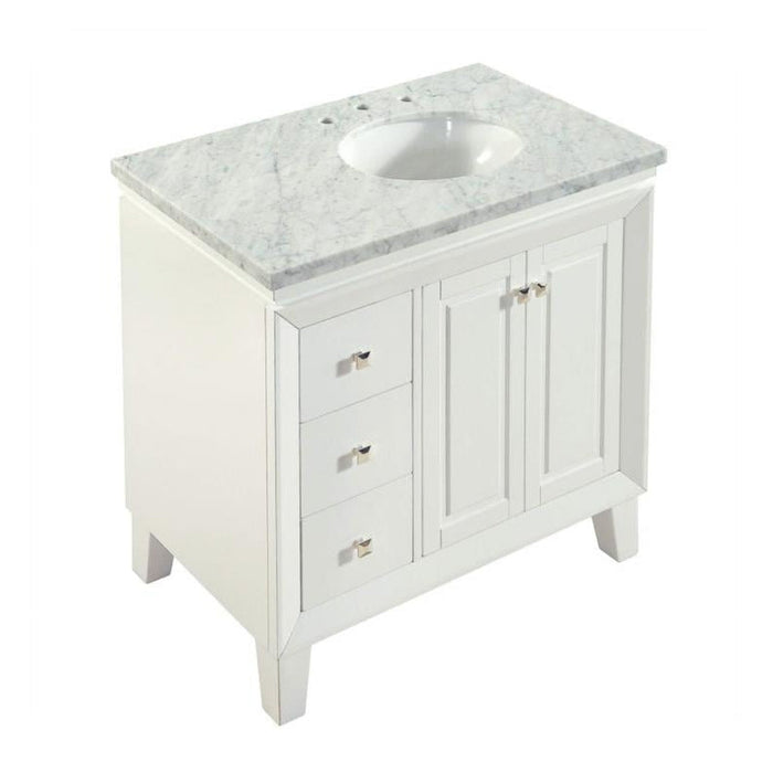Silkroad Exclusive 36" Single Right Sink White Bathroom Vanity With Carrara White Marble Countertop and White Ceramic Undermount Sink