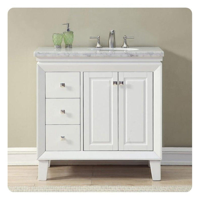 Silkroad Exclusive 36" Single Right Sink White Bathroom Vanity With Carrara White Marble Countertop and White Ceramic Undermount Sink