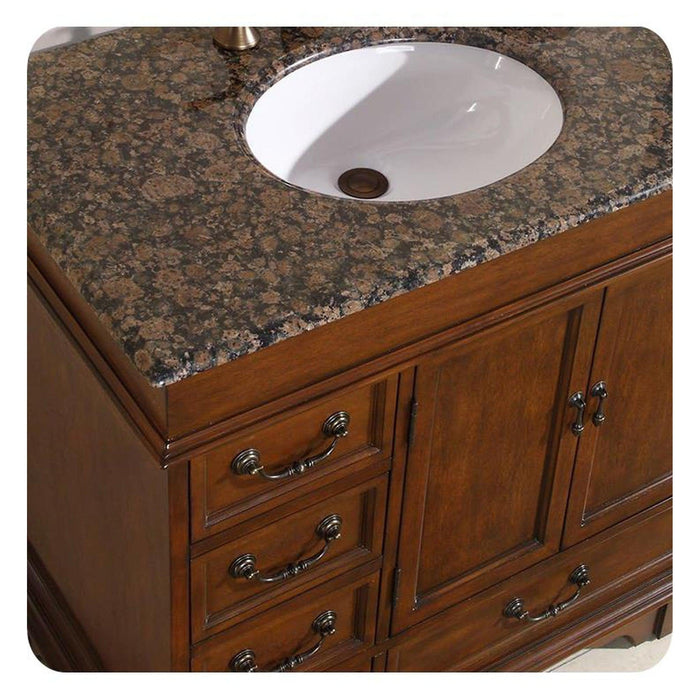 Silkroad Exclusive 36" Single Sink English Chestnut Bathroom Vanity With Baltic Brown Granite Countertop and White Ceramic Undermount Sink