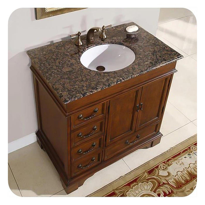 Silkroad Exclusive 36" Single Sink English Chestnut Bathroom Vanity With Baltic Brown Granite Countertop and White Ceramic Undermount Sink