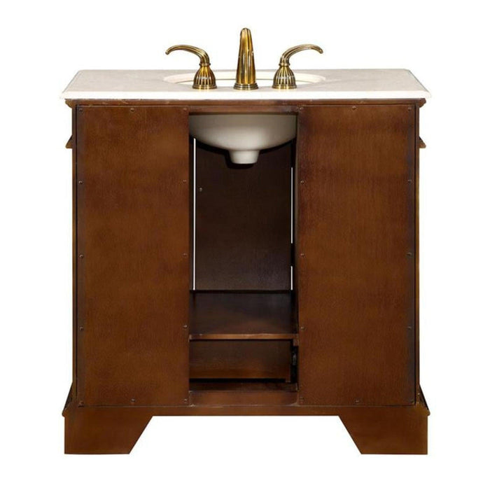 Silkroad Exclusive 36" Single Sink English Chestnut Bathroom Vanity With Crema Marfil Marble Countertop and Ivory Ceramic Undermount Sink