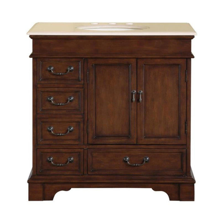 Silkroad Exclusive 36" Single Sink English Chestnut Bathroom Vanity With Crema Marfil Marble Countertop and Ivory Ceramic Undermount Sink