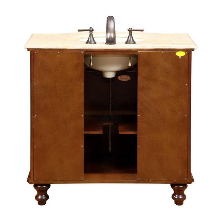 Silkroad Exclusive 36" Single Sink Natural Cherry Bathroom Vanity With Travertine Countertop and Ivory Ceramic Undermount Sink