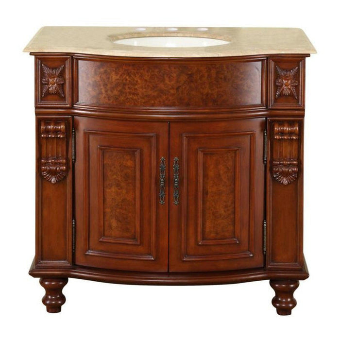 Silkroad Exclusive 36" Single Sink Natural Cherry Bathroom Vanity With Travertine Countertop and Ivory Ceramic Undermount Sink