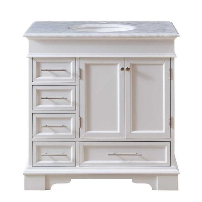 Silkroad Exclusive 36" Single Sink White Bathroom Vanity With Carrara White Marble Countertop and White Ceramic Undermount Sink