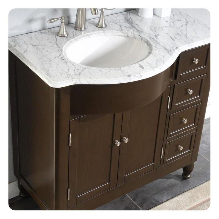 Silkroad Exclusive 38" Single Left Sink Dark Walnut Bathroom Vanity With Carrara White Marble Countertop and White Ceramic Undermount Sink