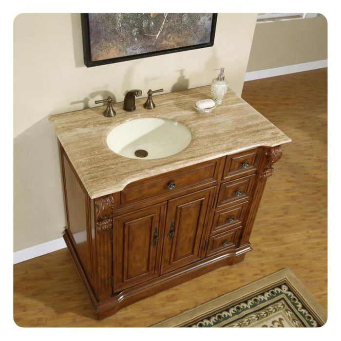 Silkroad Exclusive 38" Single Left Sink Walnut Bathroom Vanity With Travertine Countertop and Ivory Ceramic Undermount Sink