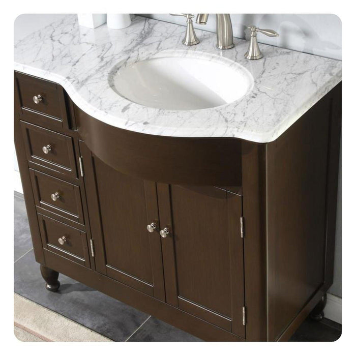 Silkroad Exclusive 38" Single Right Sink Dark Walnut Bathroom Vanity With Carrara White Marble Countertop and White Ceramic Undermount Sink