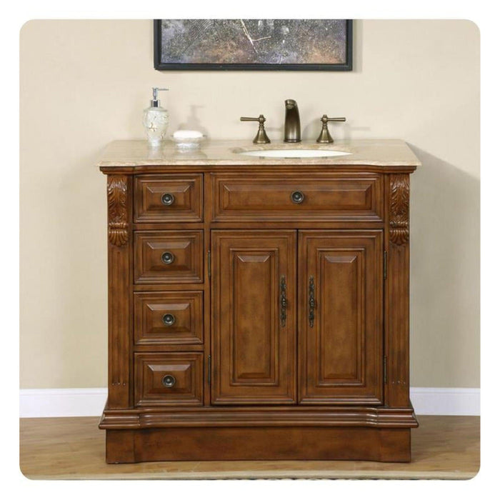 Silkroad Exclusive 38" Single Right Sink Walnut Bathroom Vanity With Travertine Countertop and Ivory Ceramic Undermount Sink