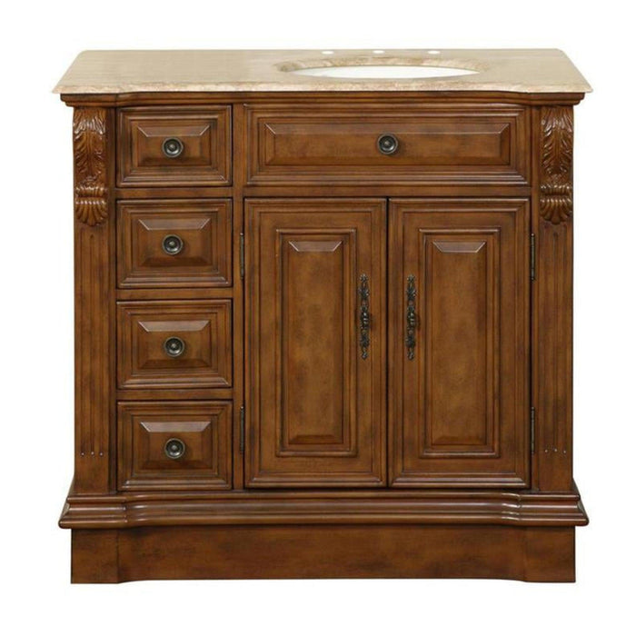 Silkroad Exclusive 38" Single Right Sink Walnut Bathroom Vanity With Travertine Countertop and Ivory Ceramic Undermount Sink