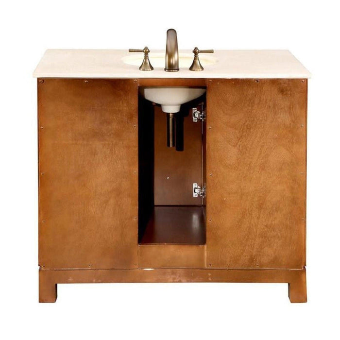 Silkroad Exclusive 42" Single Sink Cherry Bathroom Vanity With Crema Marfil Marble Countertop and White Ceramic Undermount Sink