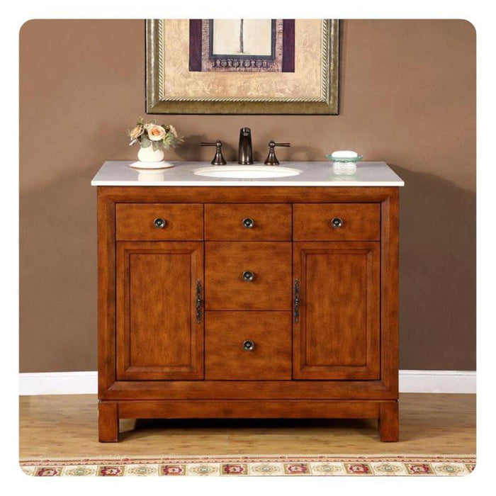 Silkroad Exclusive 42" Single Sink Cherry Bathroom Vanity With Crema Marfil Marble Countertop and White Ceramic Undermount Sink