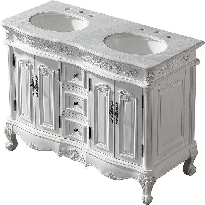 Silkroad Exclusive 48" Double Sink Antique White Bathroom Vanity With Carrara White Marble Countertop and White Ceramic Undermount Sink