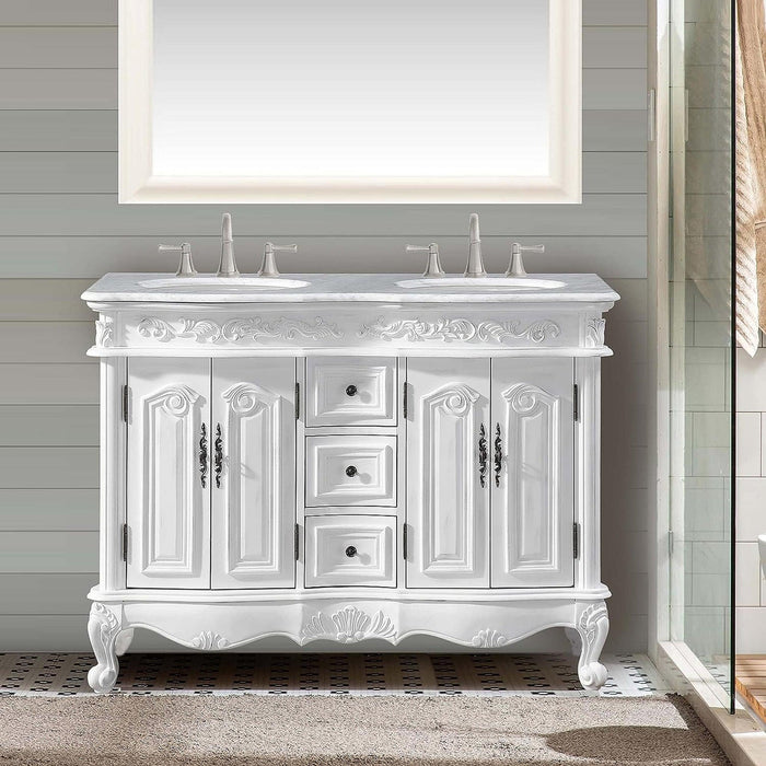 Silkroad Exclusive 48" Double Sink Antique White Bathroom Vanity With Carrara White Marble Countertop and White Ceramic Undermount Sink