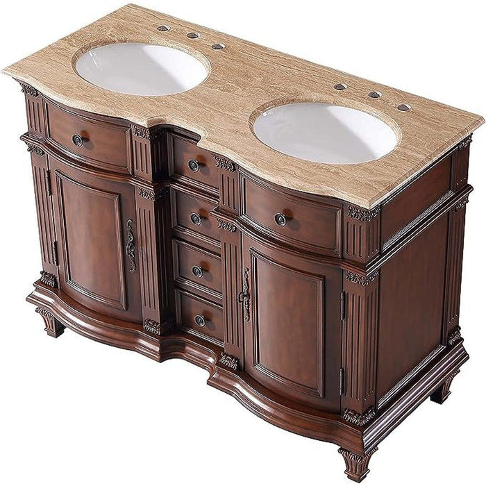 Silkroad Exclusive 48" Double Sink Brazilian Rosewood Bathroom Vanity With Travertine Countertop and White Ceramic Undermount Sink