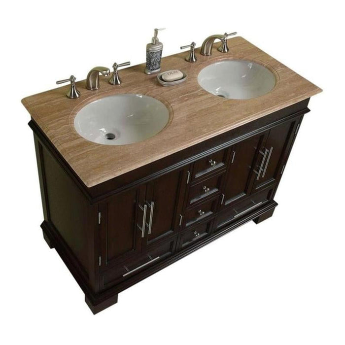 Silkroad Exclusive 48" Double Sink Dark Walnut Bathroom Vanity With Travertine Countertop and White Ceramic Undermount Sink