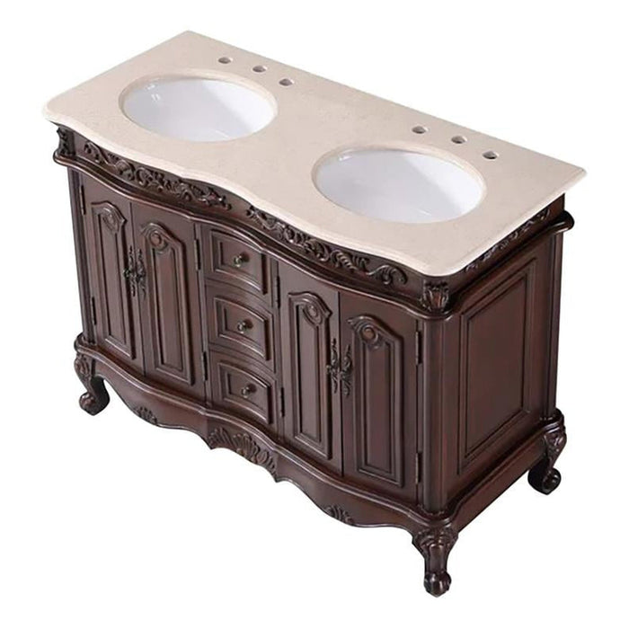 Silkroad Exclusive 48" Double Sink English Chestnut Bathroom Vanity With Crema Marfil Marble Countertop and White Ceramic Undermount Sink