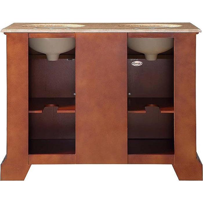 Silkroad Exclusive 48" Double Sink Red Chestnut Bathroom Vanity With Travertine Countertop and White Ceramic Undermount Sink