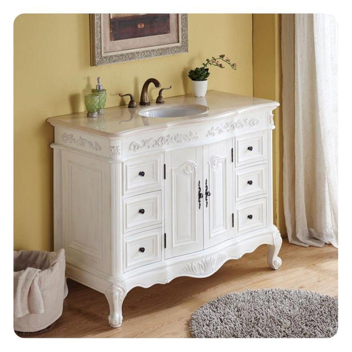 Silkroad Exclusive 48" Single Sink Antique White Bathroom Vanity With Crema Marfil Marble Countertop and White Ceramic Undermount Sink