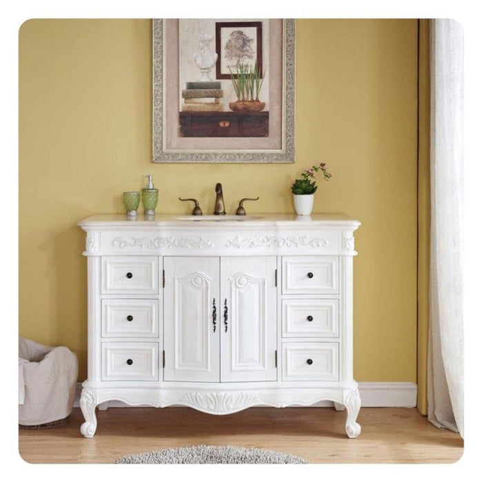 Silkroad Exclusive 48" Single Sink Antique White Bathroom Vanity With Crema Marfil Marble Countertop and White Ceramic Undermount Sink