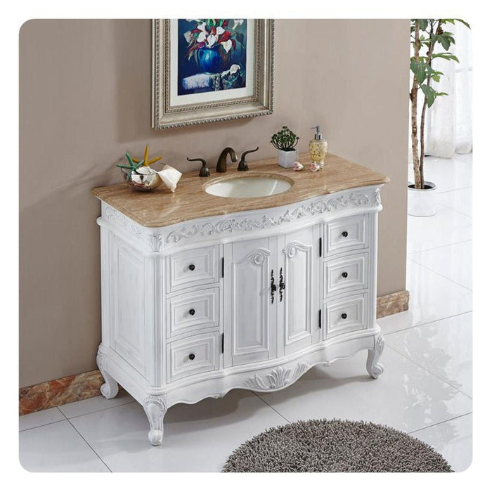 Silkroad Exclusive 48" Single Sink Antique White Bathroom Vanity With Travertine Countertop and Ivory Ceramic Undermount Sink