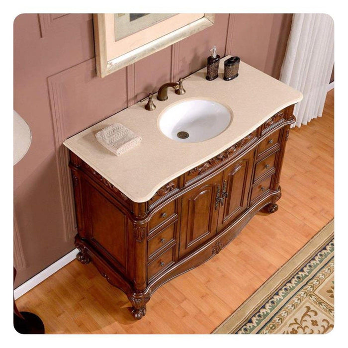 Silkroad Exclusive 48" Single Sink English Chestnut Bathroom Vanity With Crema Marfil Marble Countertop and White Ceramic Undermount Sink