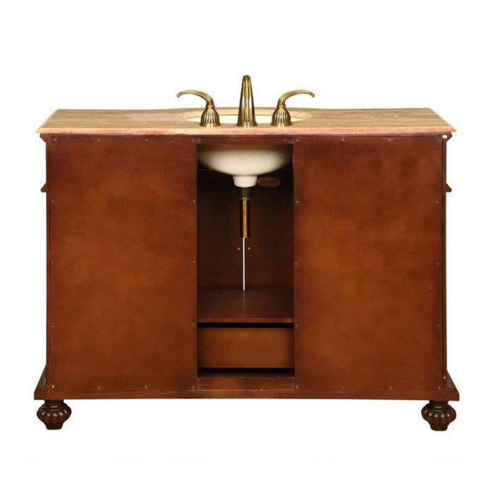 Silkroad Exclusive 48" Single Sink Red Mahogany Bathroom Vanity With Travertine Countertop and Ivory Ceramic Undermount Sink