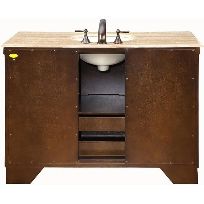 Silkroad Exclusive 48" Single Sink Walnut Bathroom Vanity With Travertine Countertop and Ivory Ceramic Undermount Sink